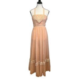 Vintage 70s Peach Lace Maxi Dress by The Trellis XXS/XS